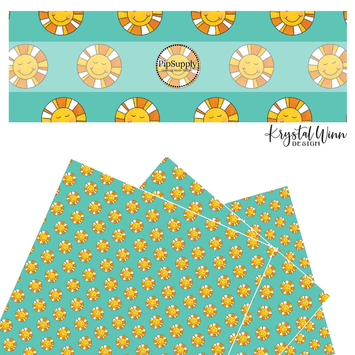 Golden and white smiley face sunshines on turquoise faux leather sheets