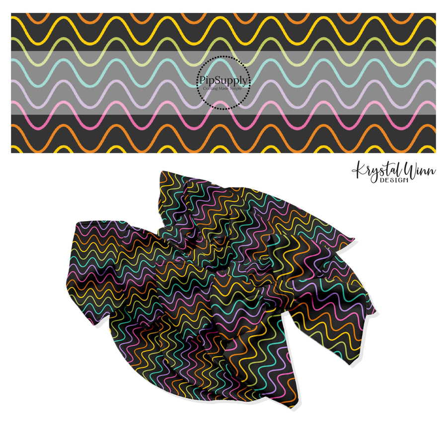 Thin neon rainbow wavy lines on black hair bow strips