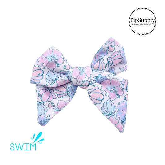 Pastel pink, blue and peach watercolor seashells and Hawaiian flowers on a pale pink bow strip-Swim bows - Beach Hair Bows
