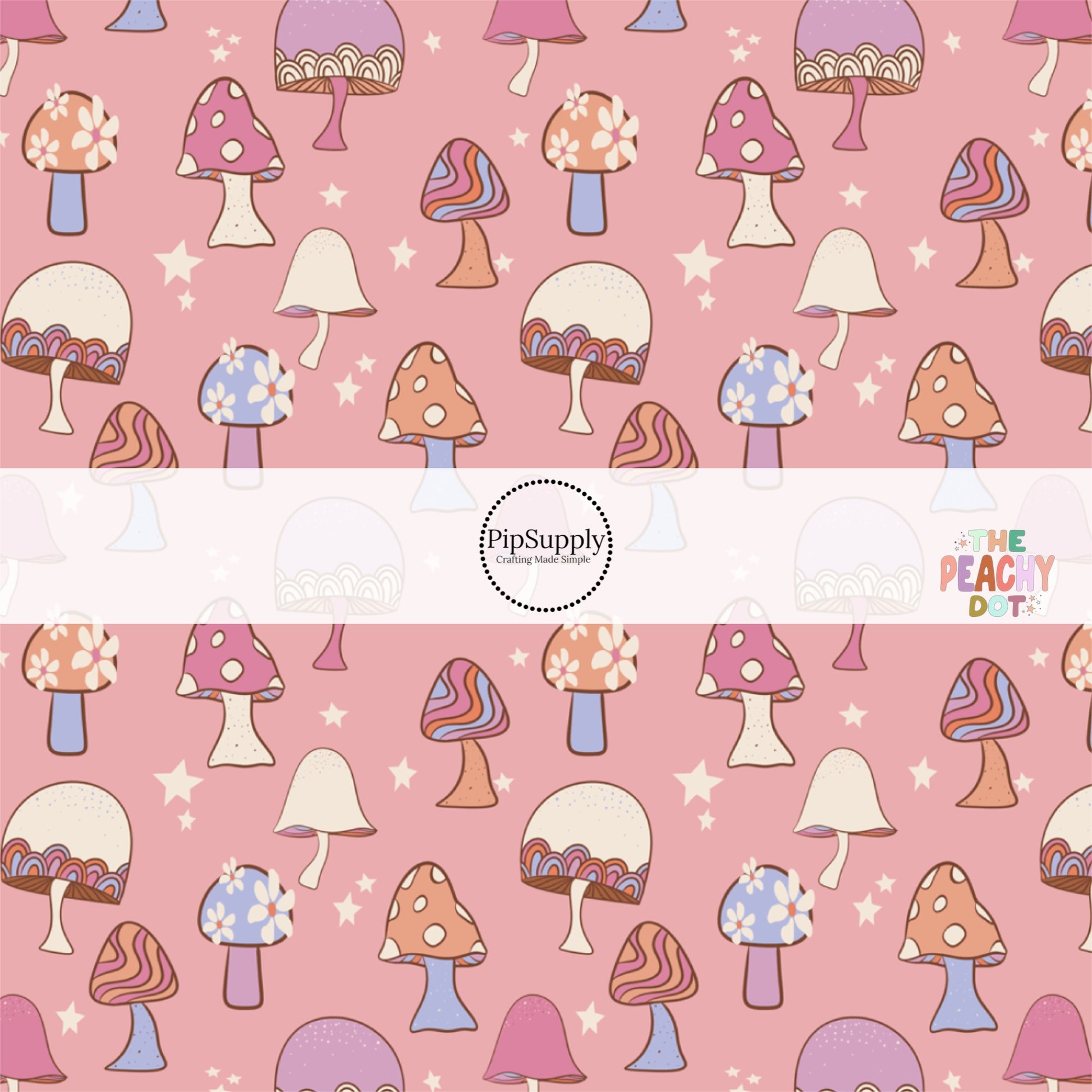 polka dot, floral, and swirly mutli design mushrooms and stars on pink bow strips