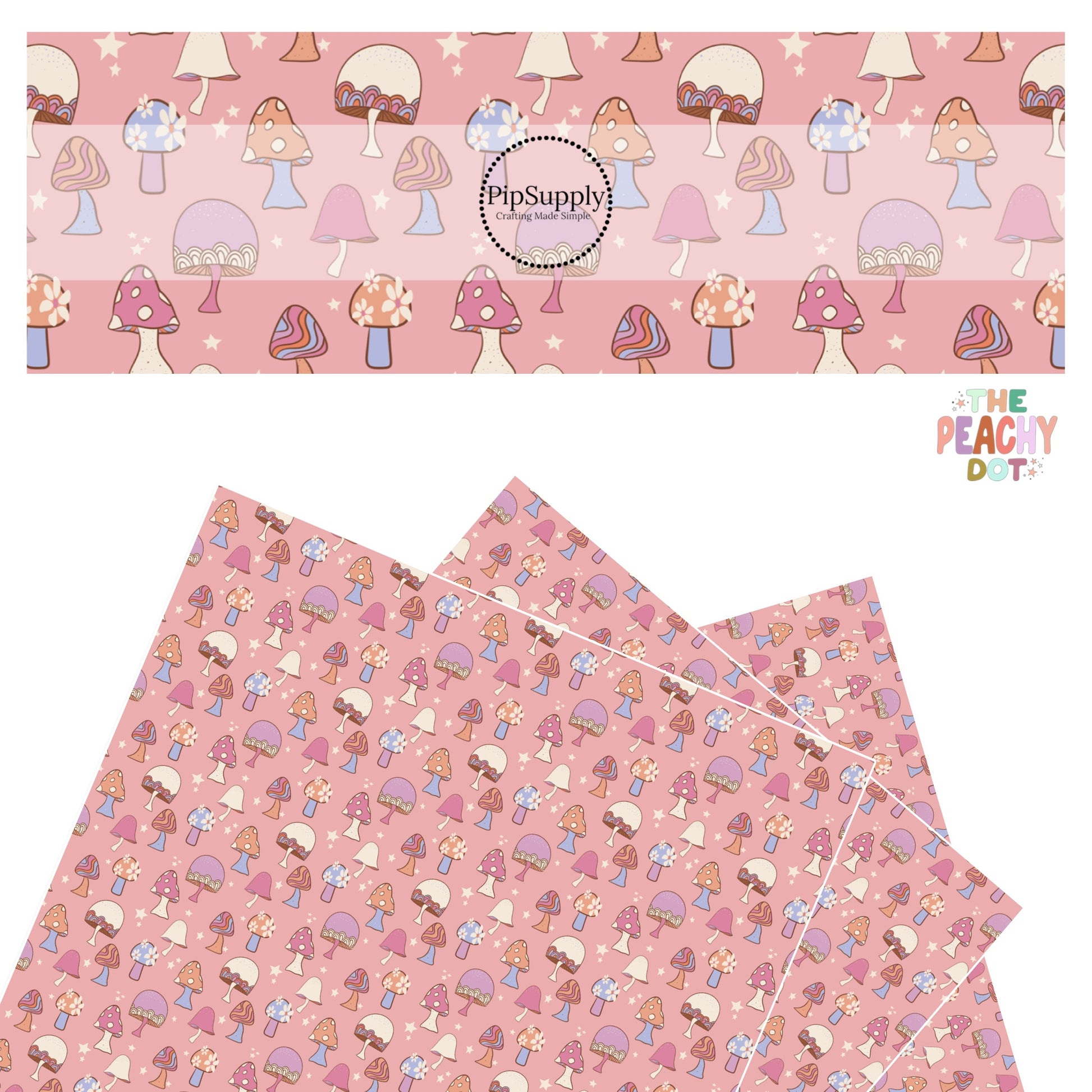polka dot, swirly, and floral pink, blue, and orange mushrooms on pink faux leather sheets