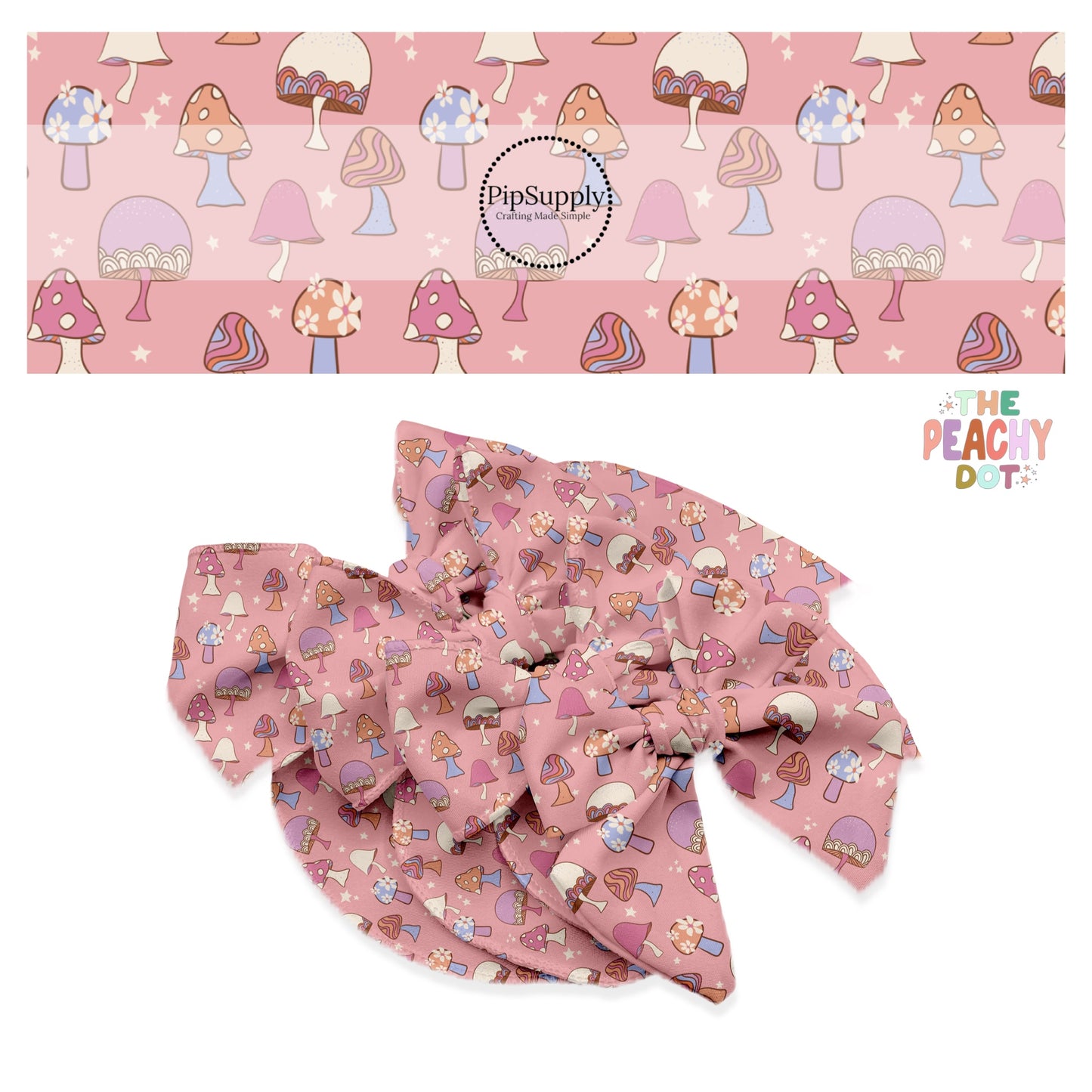 pink, blue, and orange mushrooms with different designs and stars on pink bow strips