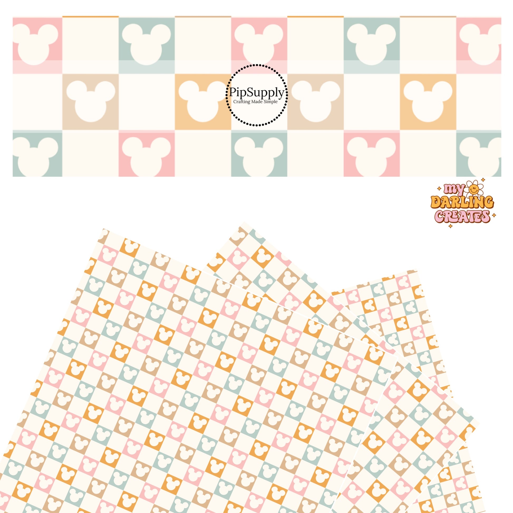 Orange, pink, blue, and tan mouse cutout checkered faux leather sheets