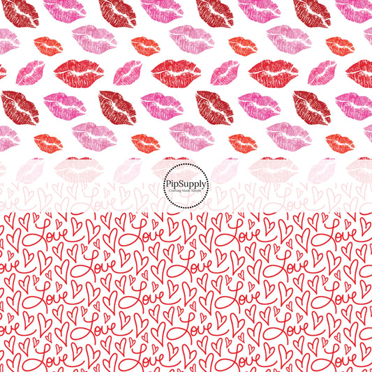 Valentine's Day Fabric by the Yard - Pink and Red Lipstick Kisses on a White Fabric - Red Cursive Love on a White Fabric - Duo Fabric Bundle 