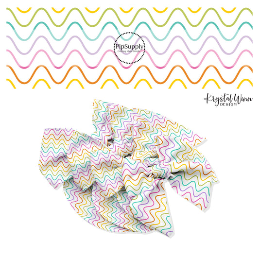 Thin yellow, green, blue, purple, and pink waves on white hair bow strips