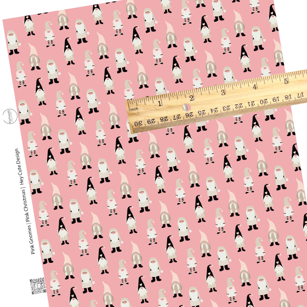 neutral colored gnomes with hearts on pink background faux leather sheet