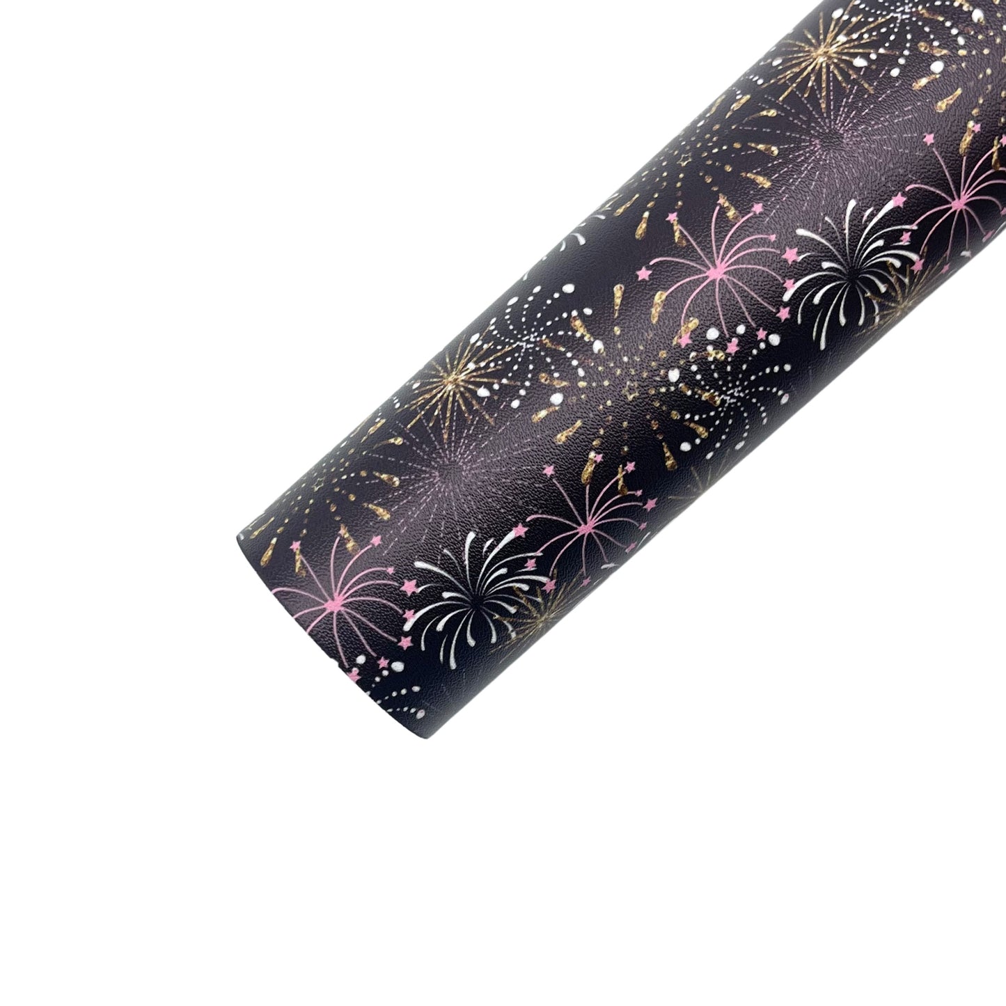Black rolled faux leather sheet with pink, gold, and white firework new years pattern.