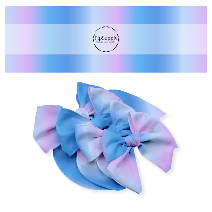 Blue and pink ombre patterned multi style hair bow strips.