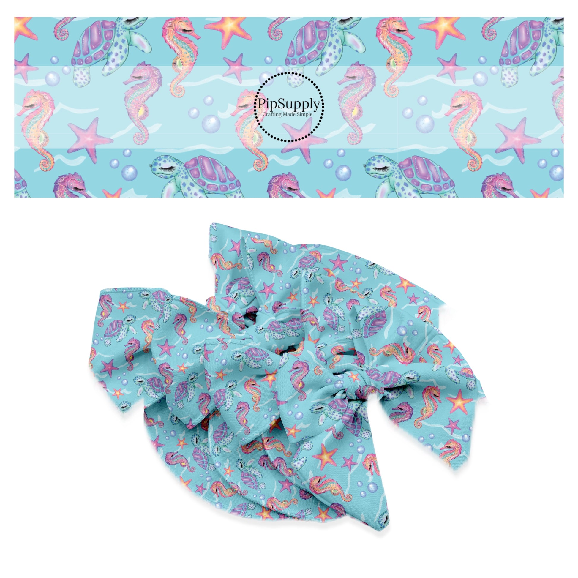 Pink and blue watercolor seahorses and lavender and aqua sea turtles with starfish and bubbles on ocean blue bow strips