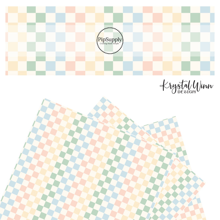 blue, pink, yellow, and green checker with cream tiles faux leather sheets