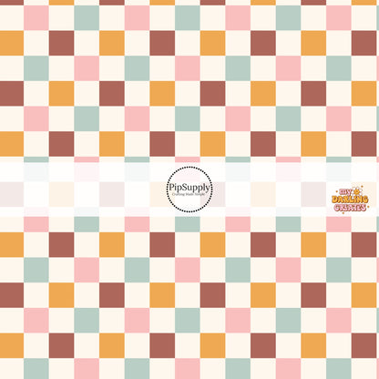 Pastel blue, pink, orange, and burgundy checkered bow strips