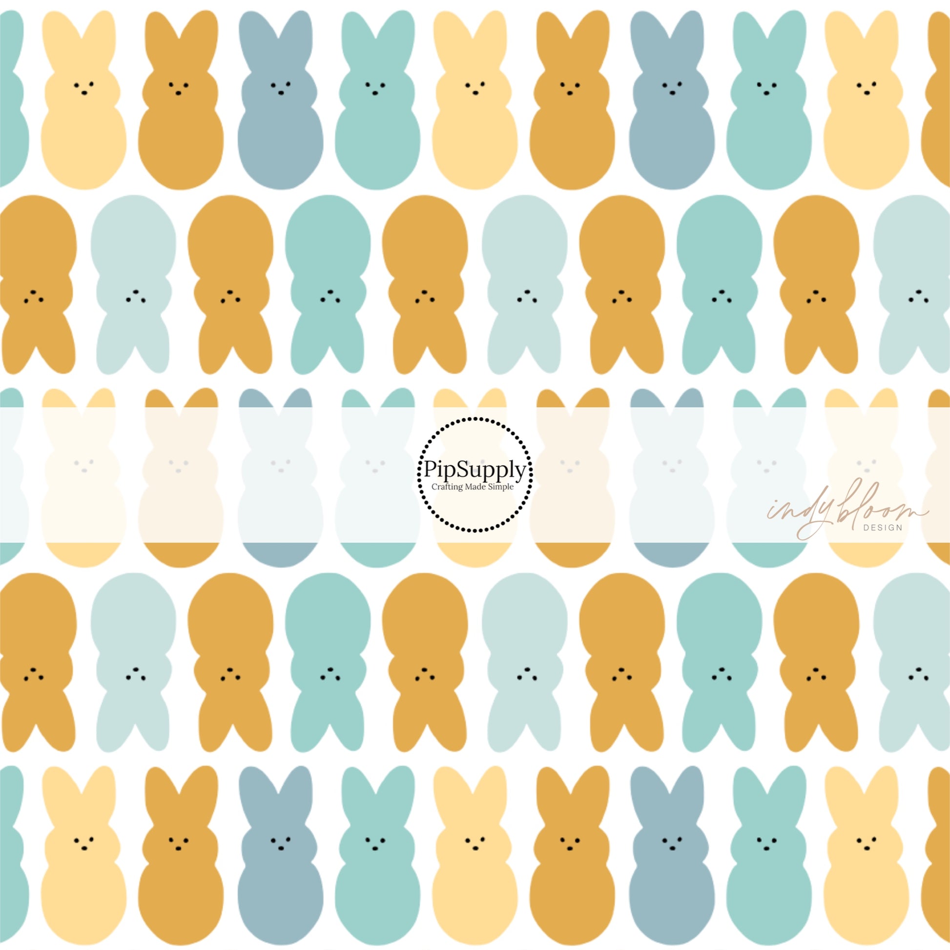 Blue, yellow, and brown bunnies on white bow strips
