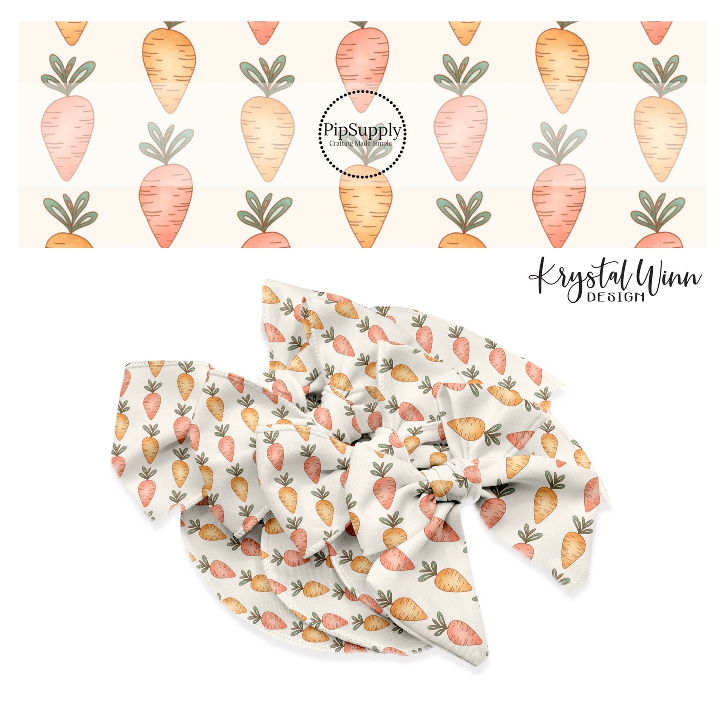 orange and peach rows of carrots on cream bows