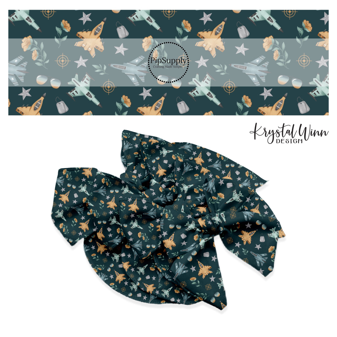 Orange, blue, and gray airplanes with bullseye, flowers, and sunglasses on navy bow strips