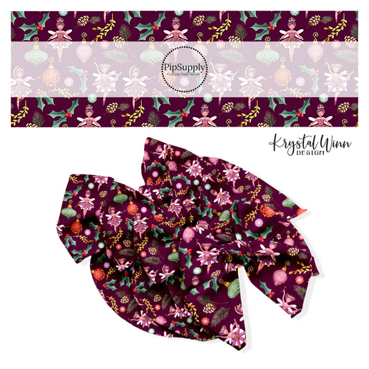 fairy holly and ornaments on dark purple faux leather sheet