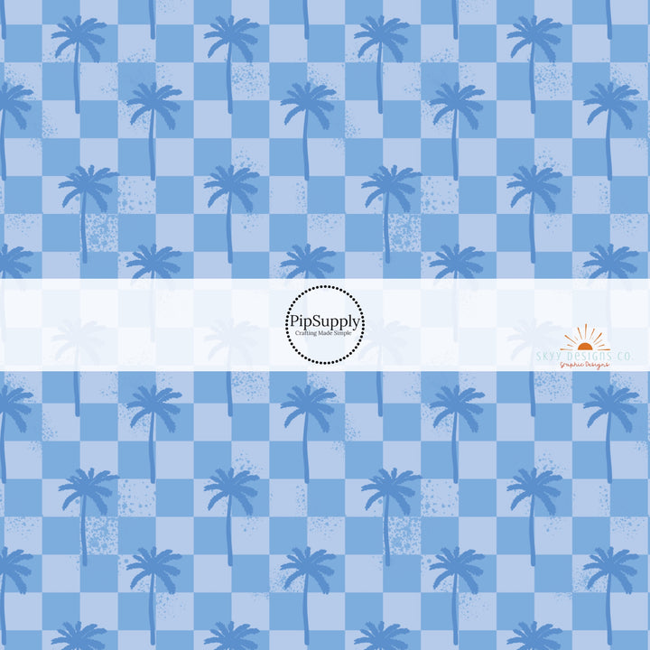 Blue palm trees and dots on blue checkered bow strips