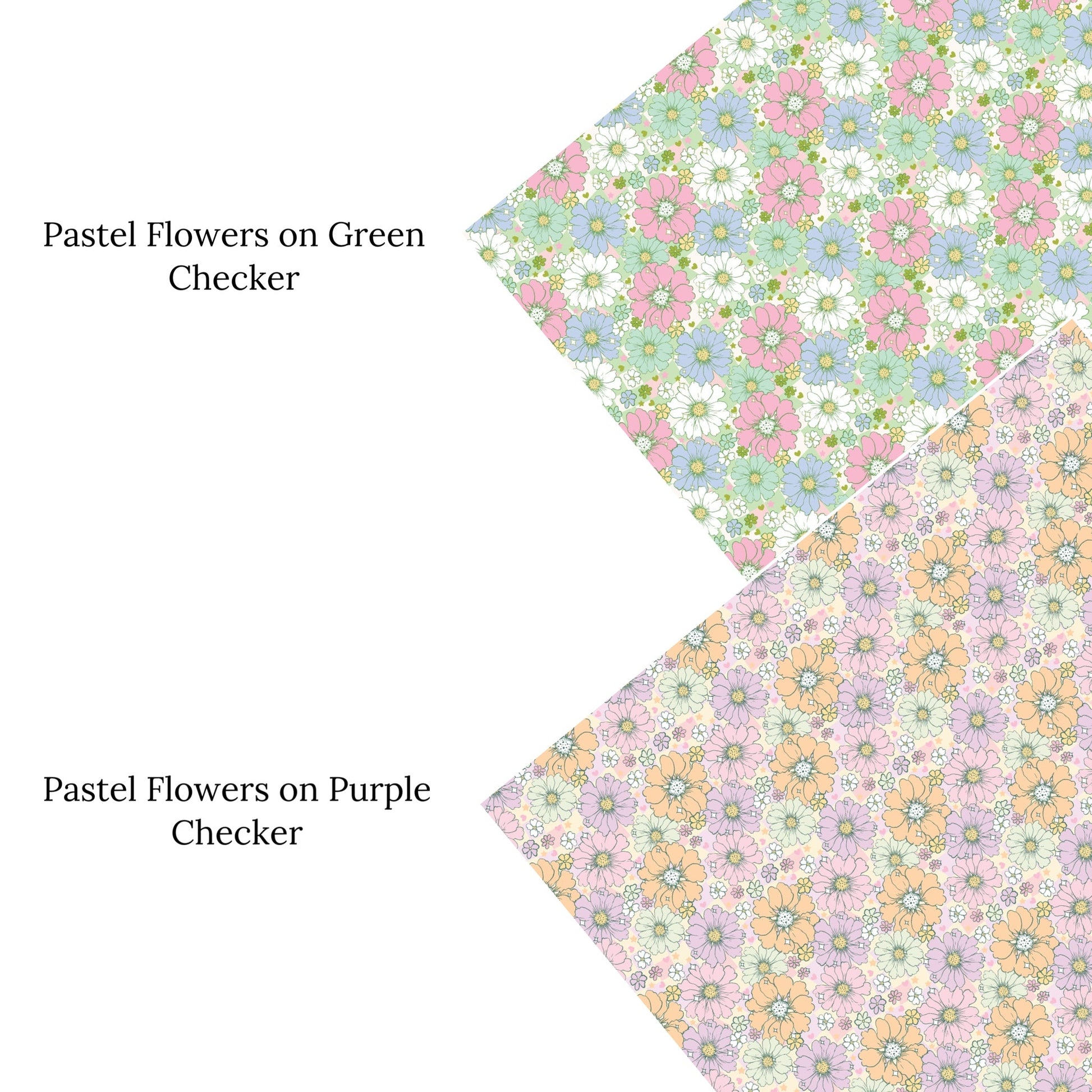 Group photo of the pastel flowers on a pastel checkered pattern faux leather sheet with pattern names. 