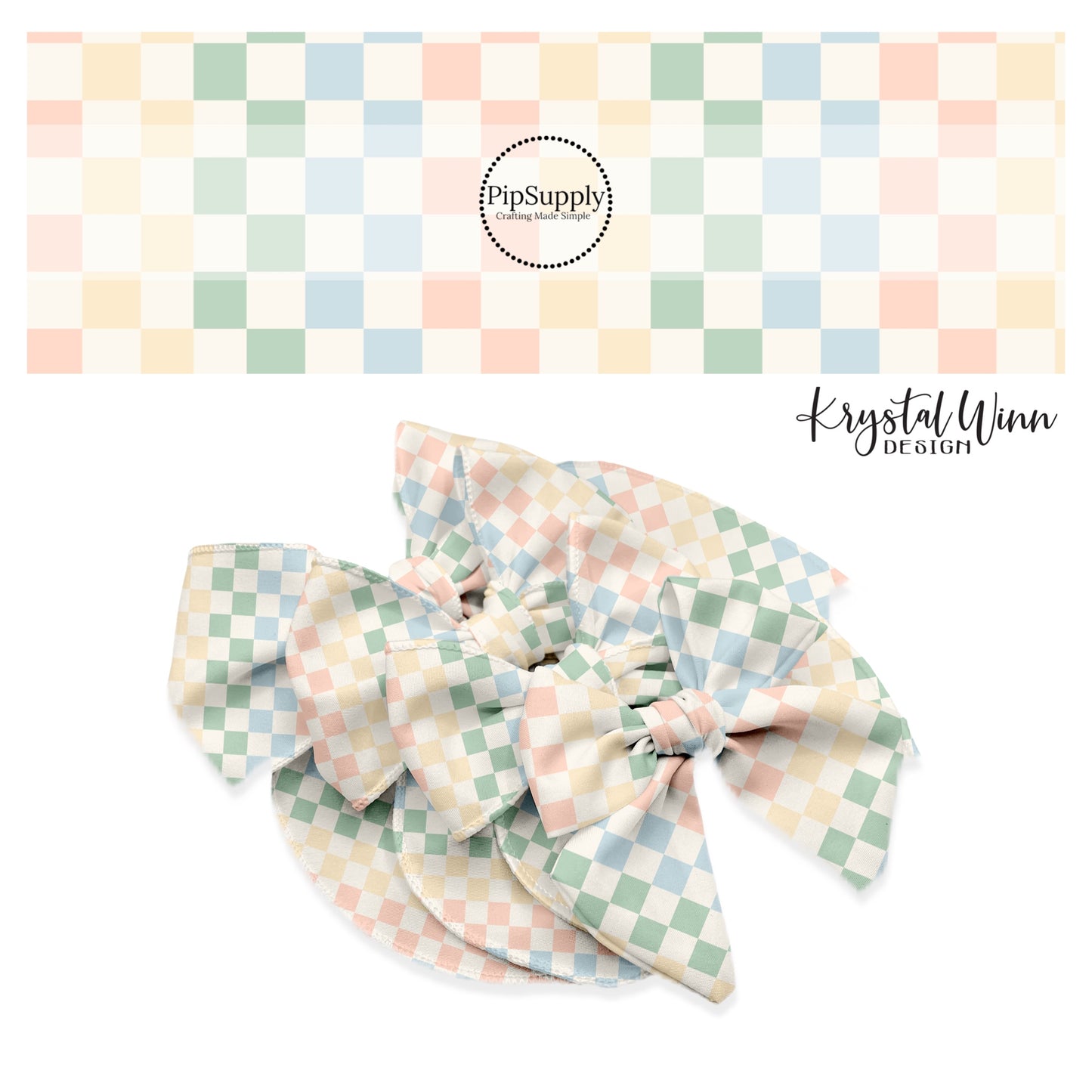 green, blue, peach, and yellow checkered bow strips
