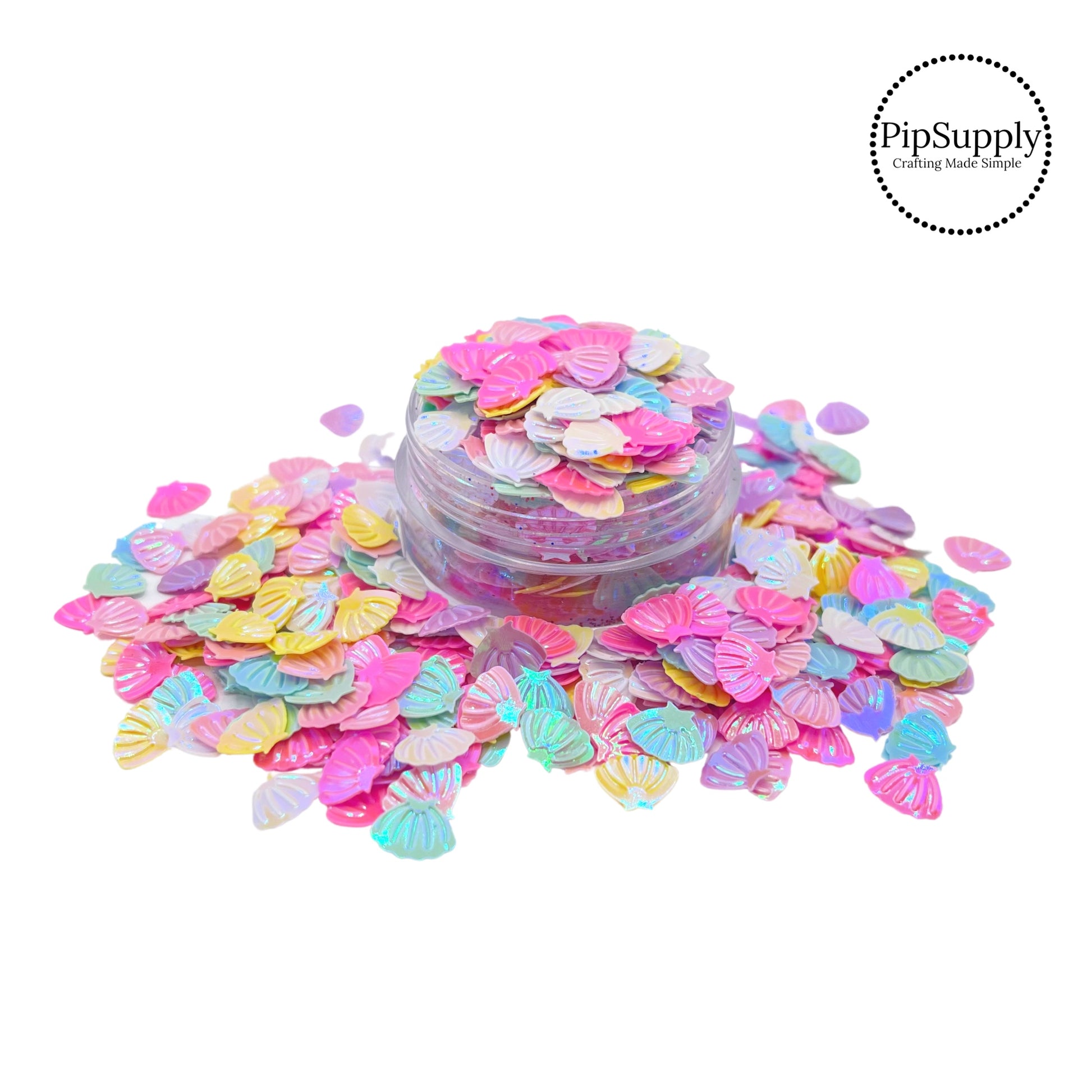 Pastel pink, purple, blue, green, and yellow seashell sequin glitter