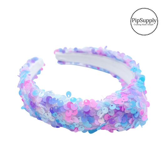 Purple, pink, aqua, and white iridescent pastel sequins knotted headband