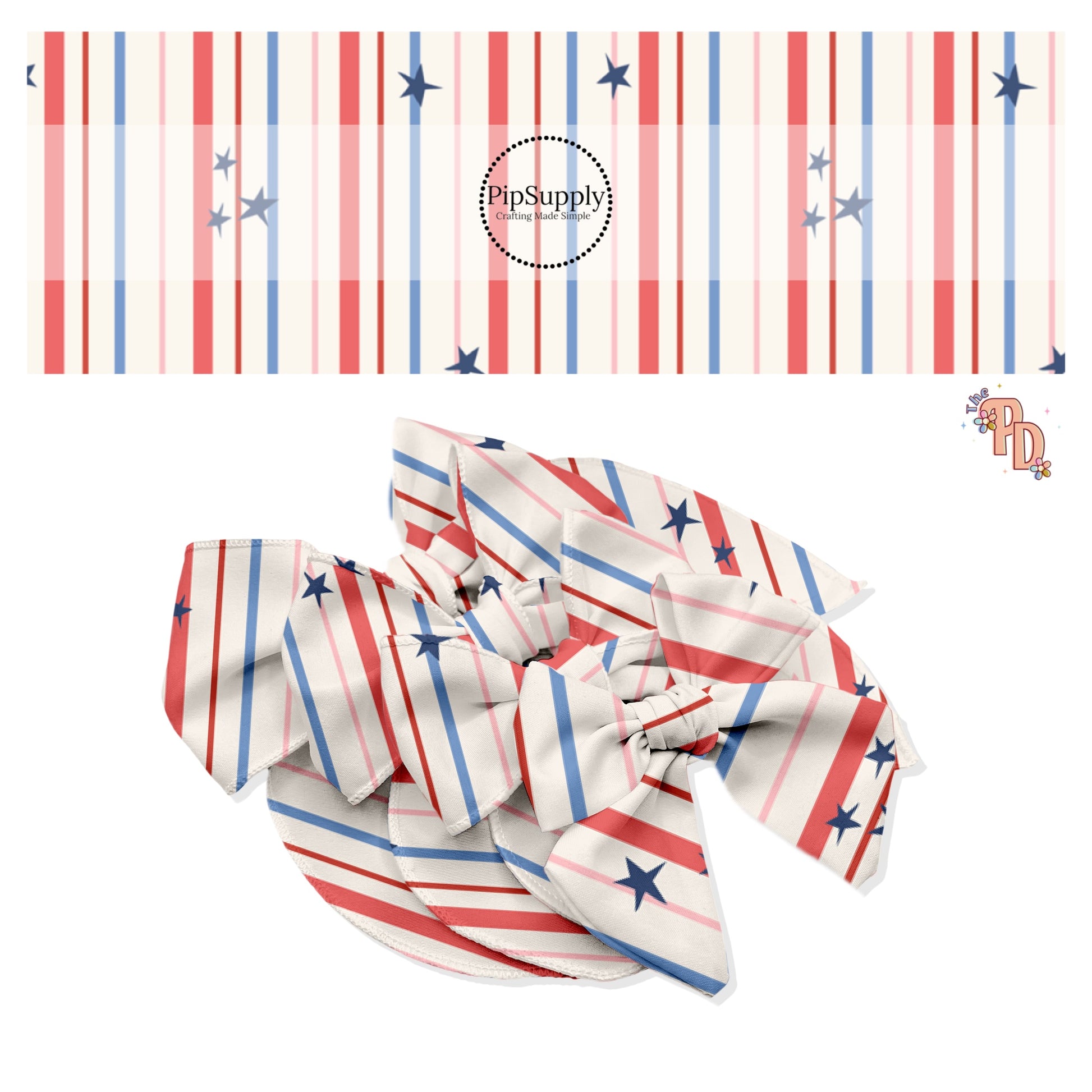 Tiny Navy Stars on Blue, Red, Pink Stripes On Cream Bow Strips