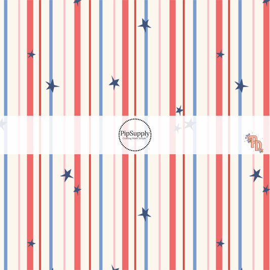 Tiny Navy Stars on Blue, Red, Pink Stripes On Cream Fabric By The Yard