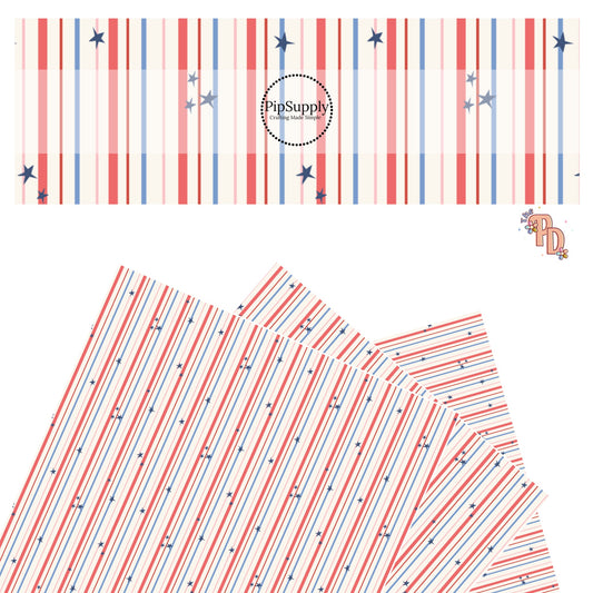 Tiny Navy Stars on Blue, Red, Pink Stripes On Cream Faux Leather Sheet
