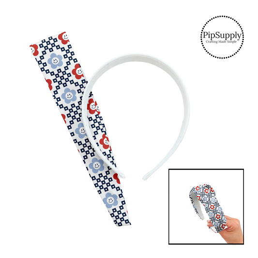 Red and blue happy daisieswith navy star checkered on white knotted headband