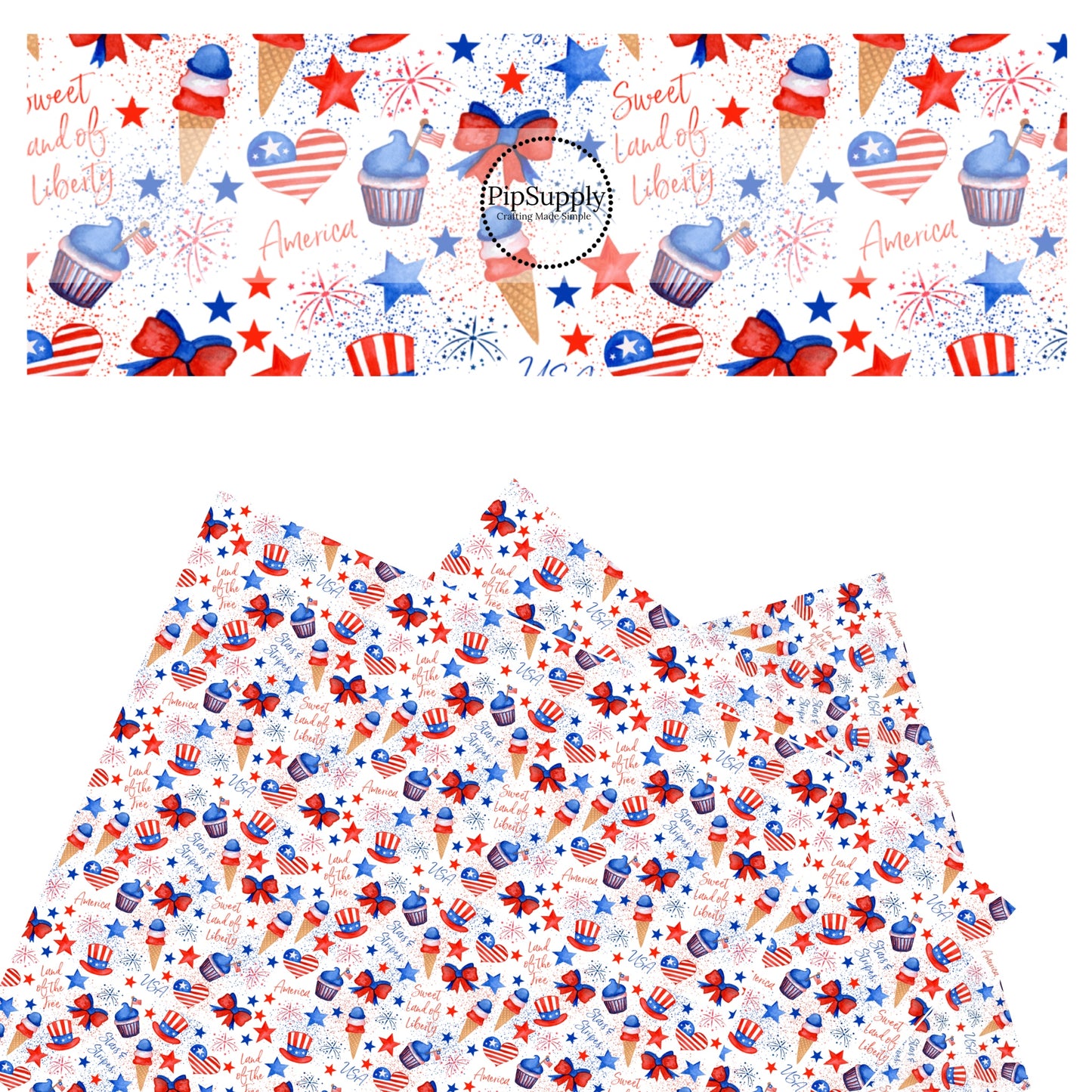 Ice cream, cupcakes, hearts, stars, and patriotic sayings on white faux leather sheets