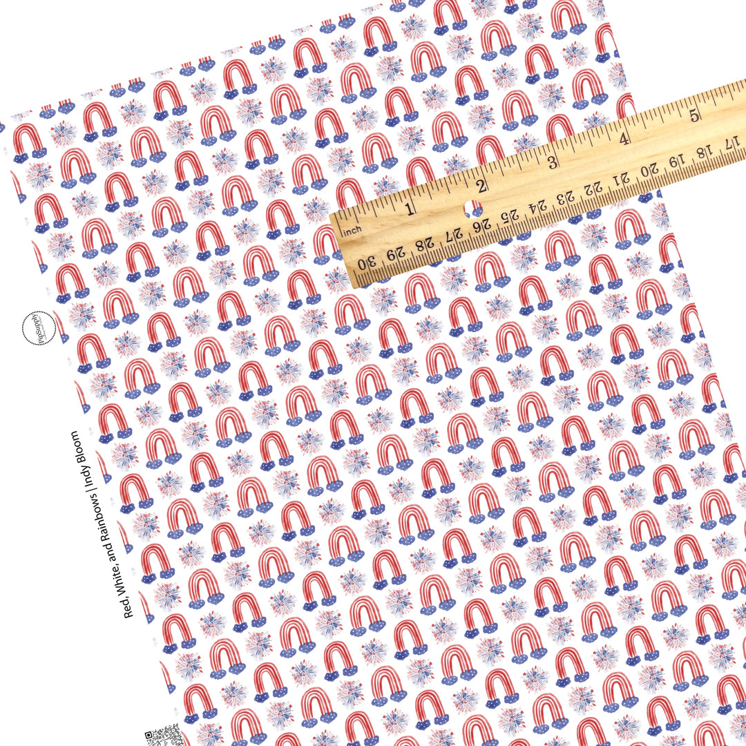 Red and white stripe with blue star cloud rainbows and fireworks on white faux leather sheets