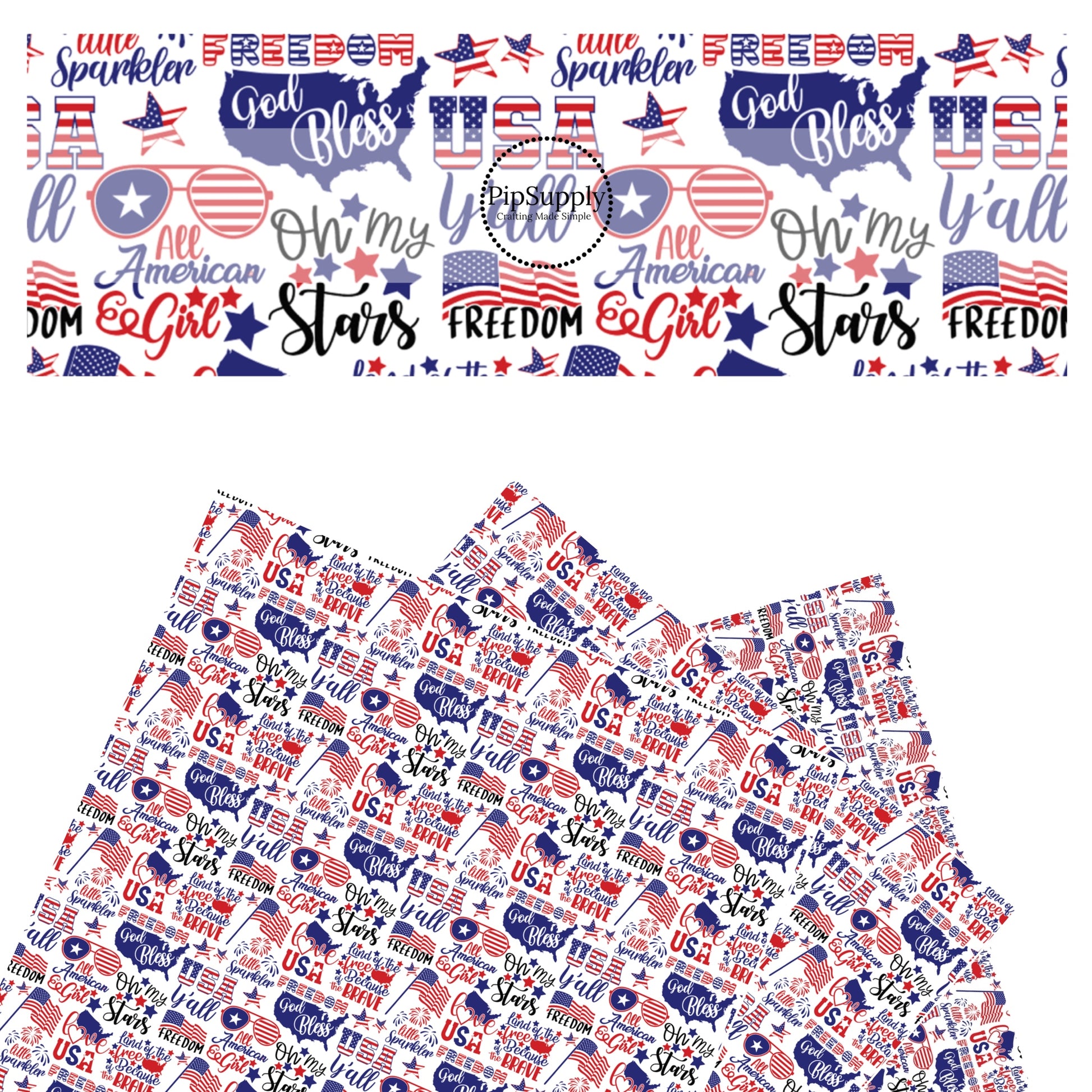 Red white and blue patriotic sayings on white faux leather sheets
