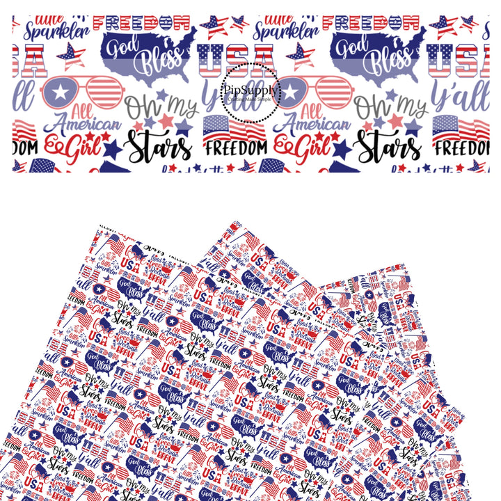 Red white and blue patriotic sayings on white faux leather sheets