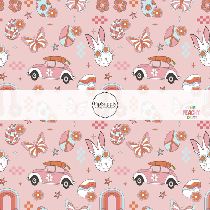 Bunny with sunglasses, pink car, floral rainbows, easter eggs, stars, and butterflies on pink bow strips