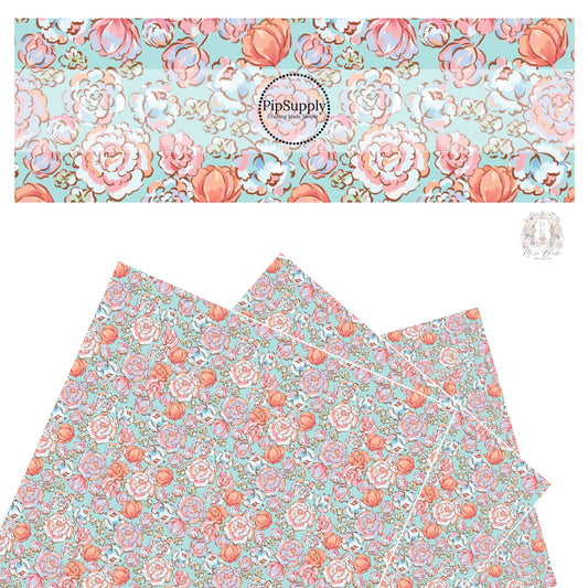 Aqua, lavender, peach, and pink watercolor floral on aqua faux leather sheets