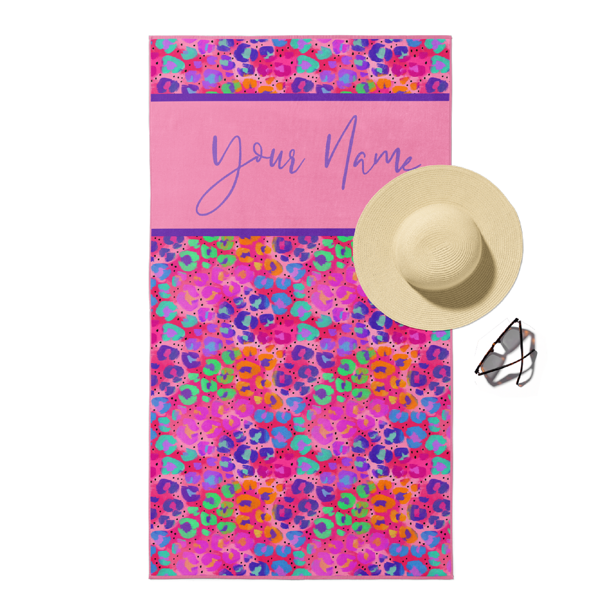Beach towel in hot pink with bright rainbow leopard animal print and customizable purple text.