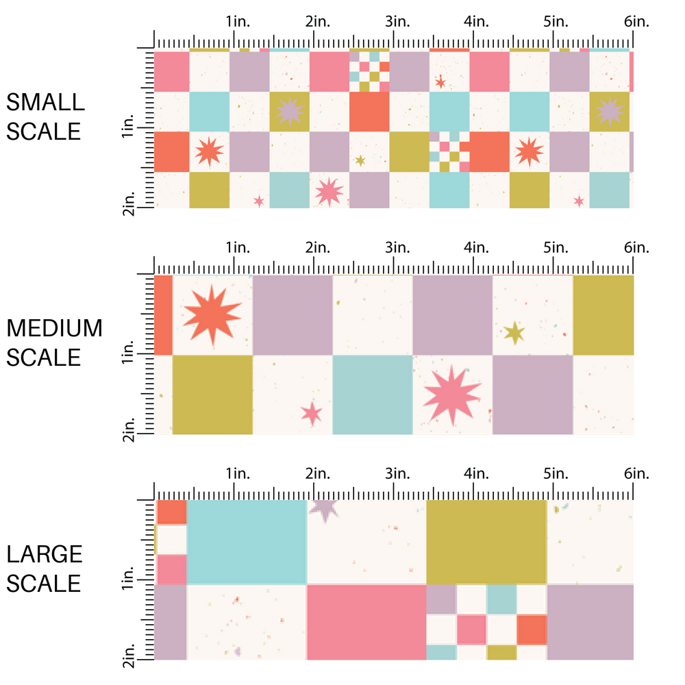 This image has three fabric scales of small, medium, and large scale for the multi-colored checker fabric. 