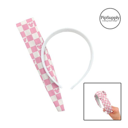 Light pink mouse head on cream and pink checkered knotted headband