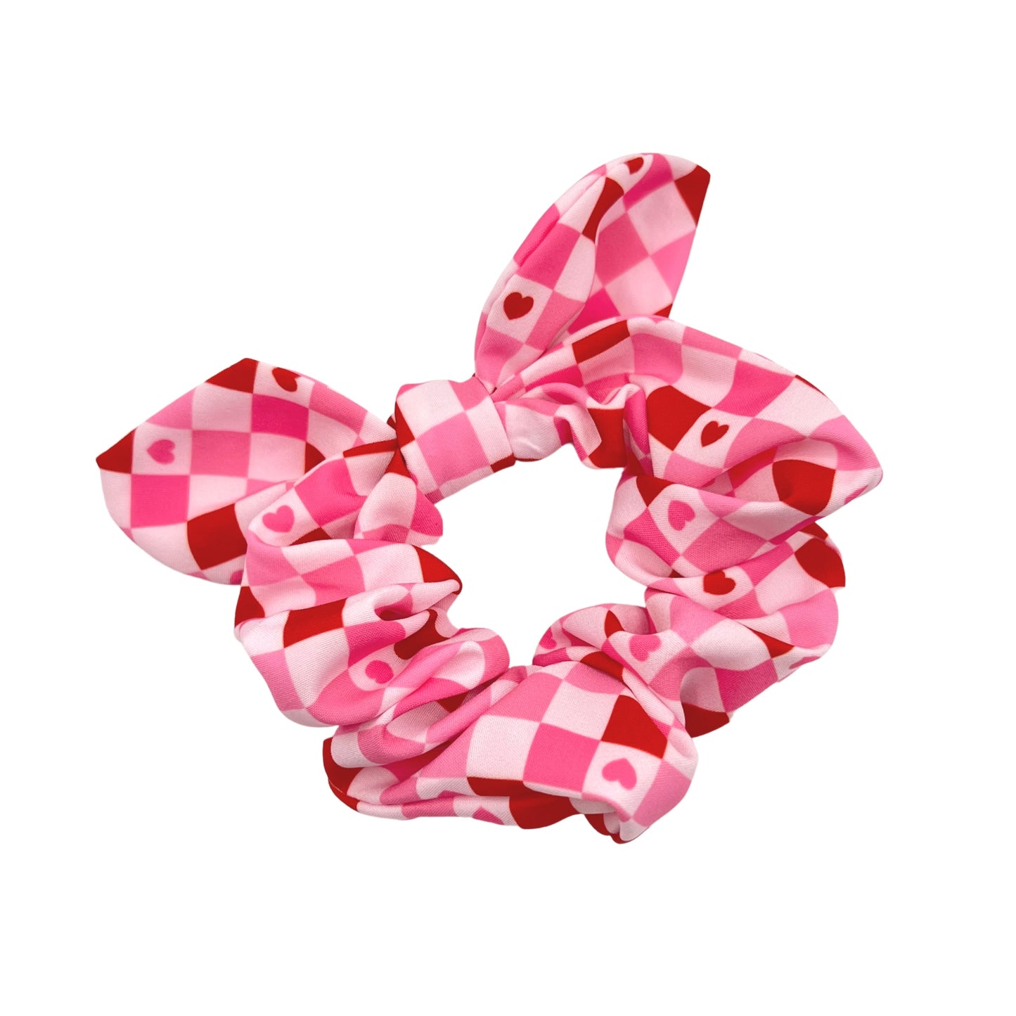 tiny pink and red hearts on red and pink checkered scrunchie