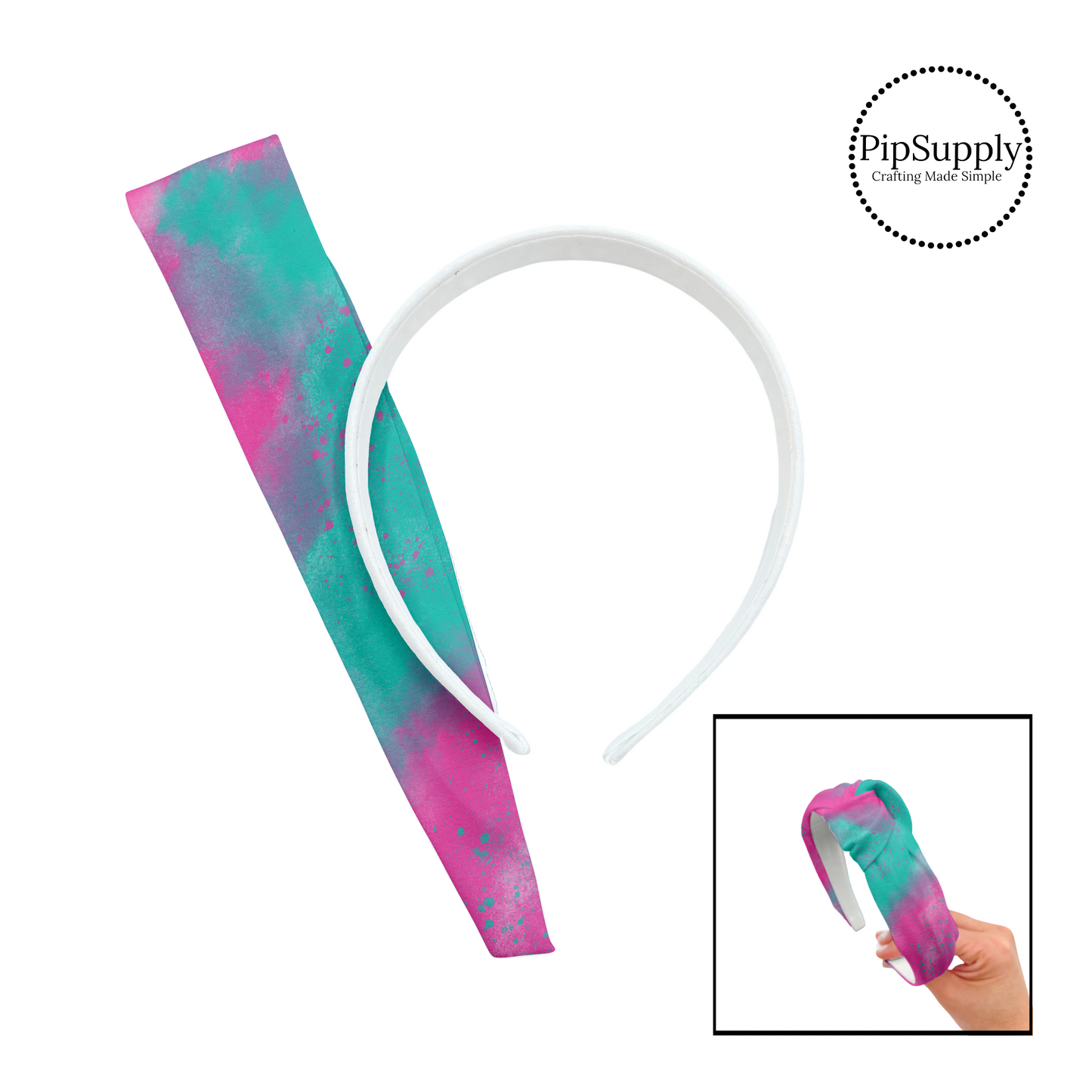 Pink and teal splatter dots on matching tie dye diy knotted headband kit