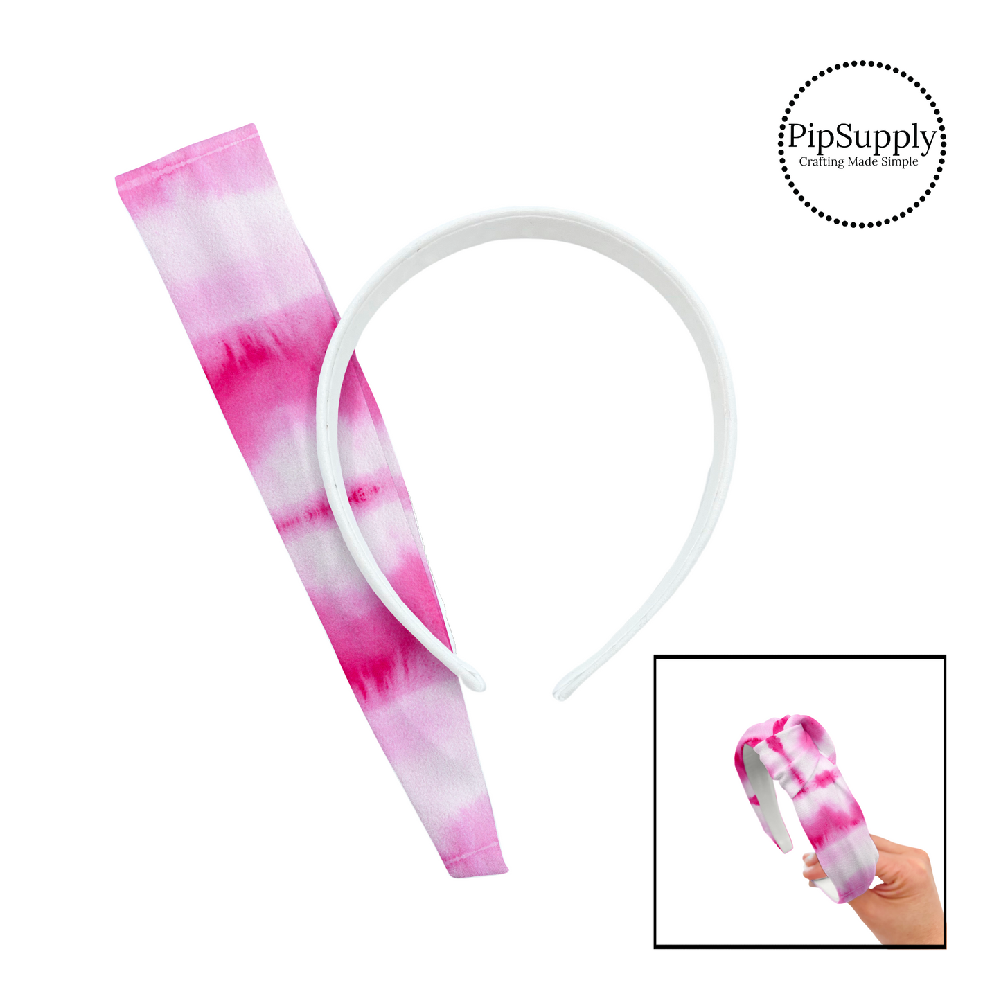 pink and white tie dye print on a headband piece for a diy knotted headband kit