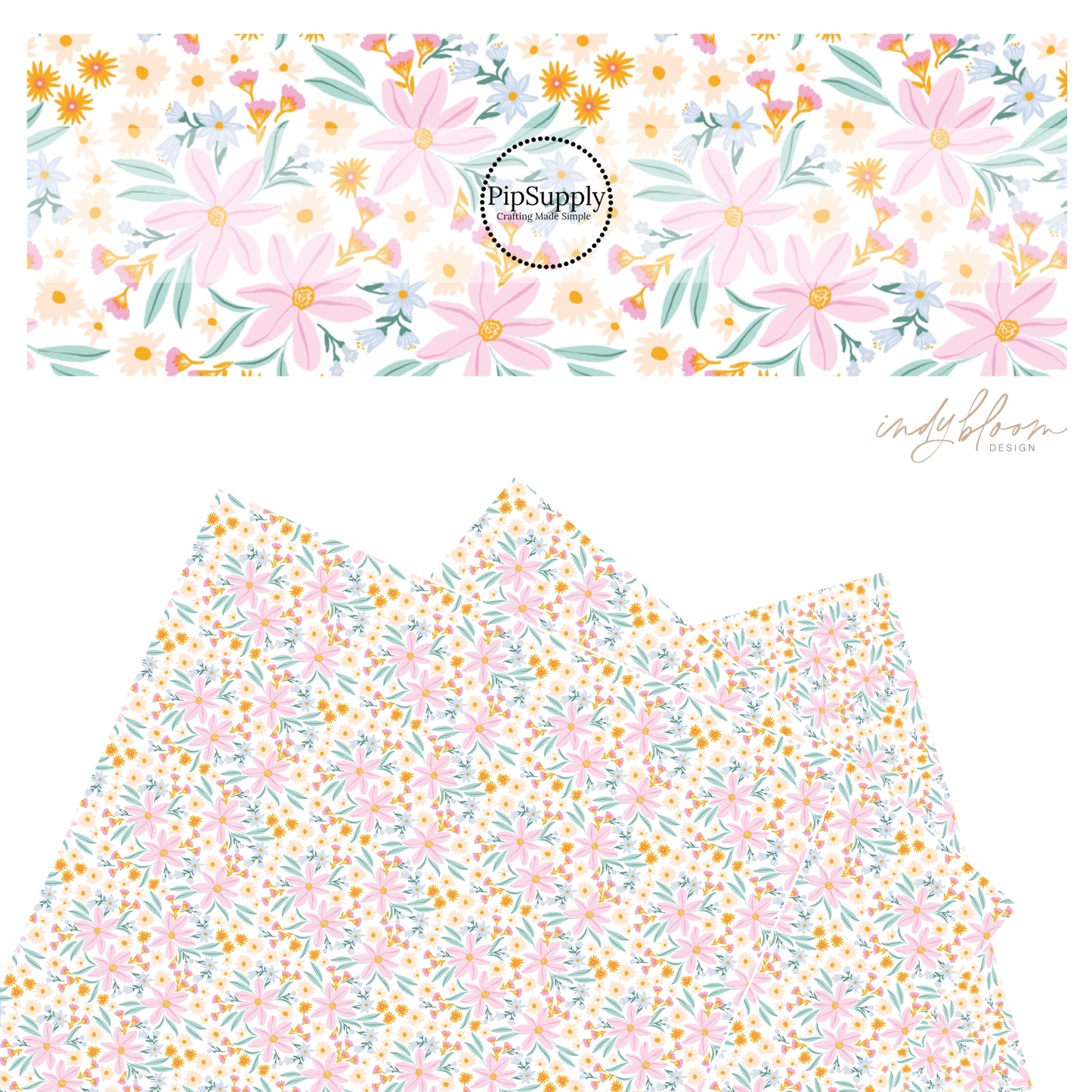 Pink, orange, peach, and blue flowers on pearl faux leather sheets