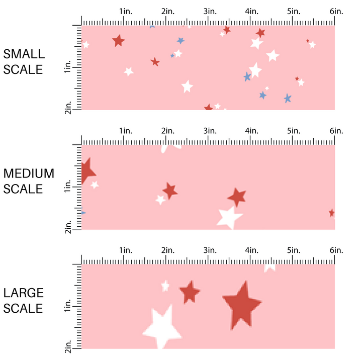 This image has three fabric scales of small, medium, and large scale for the red, blue, and white stars on the pink fabric.