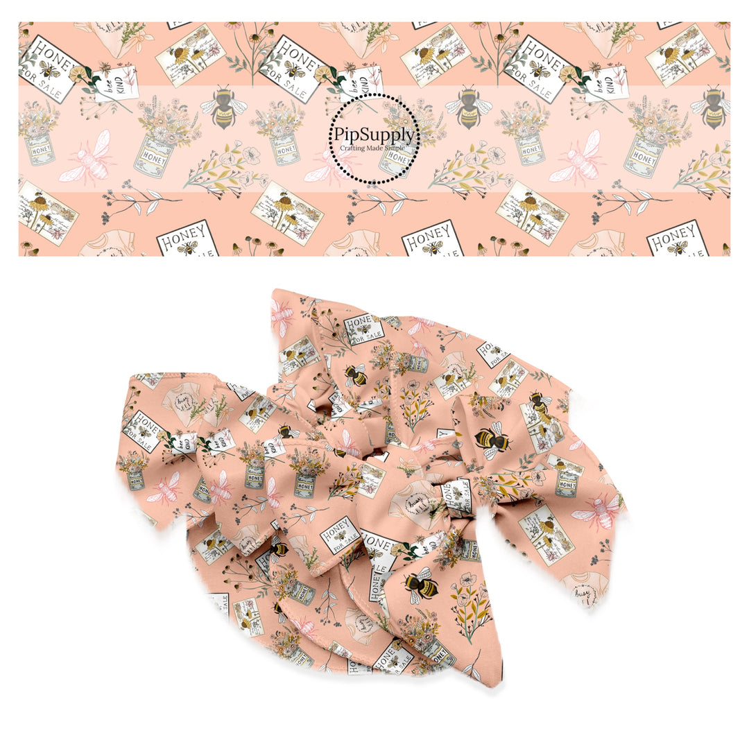 Bees, flowers, honey, and tshirts on peach bow strips