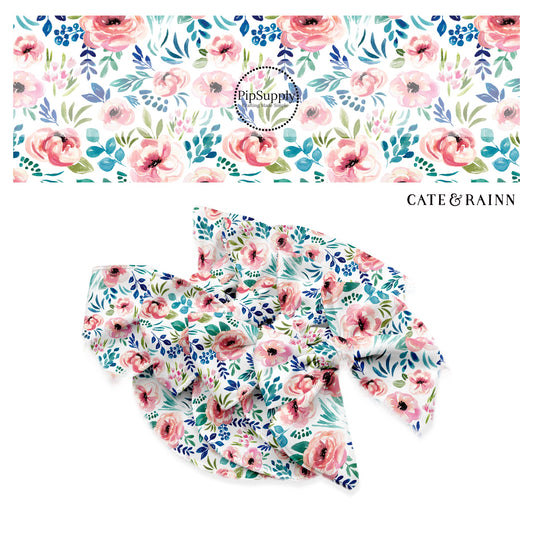 pink and blue watercolor floral on white bow strips