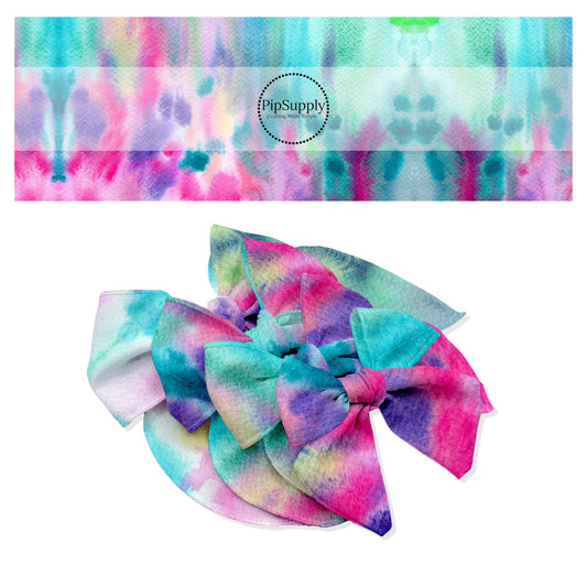 Multi pink, purple, green, and aqua airbrush tie dye bow strips