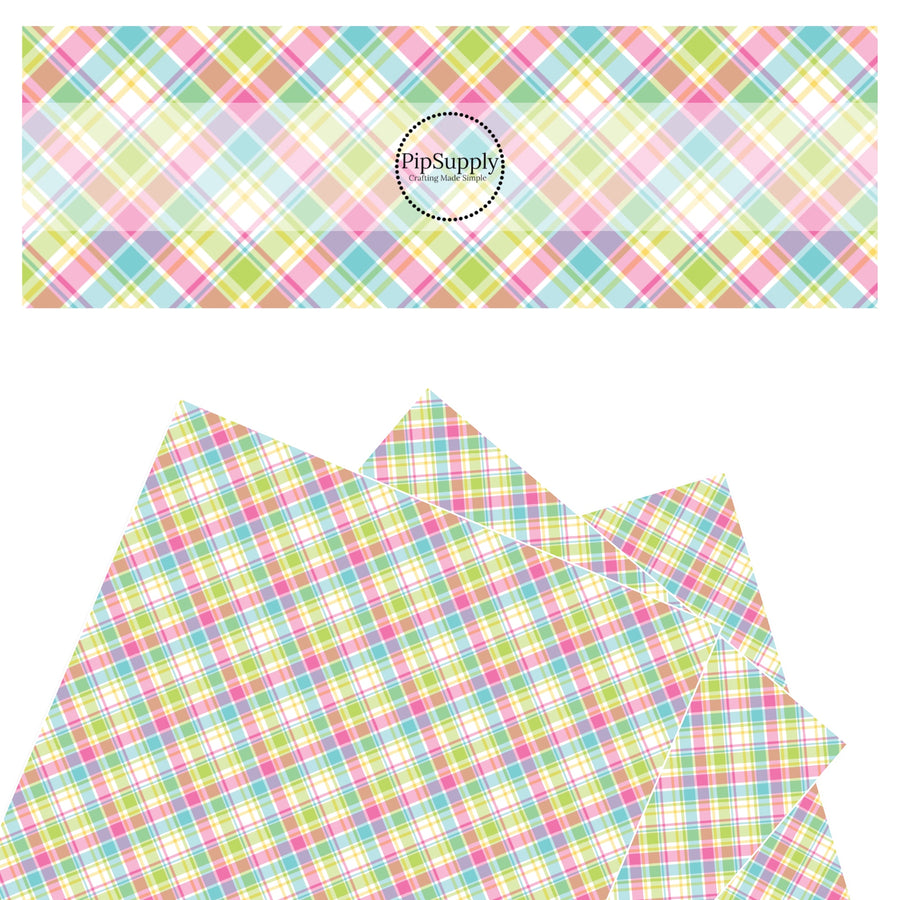 Pink, blue, green, and white diagonal tartan faux leather sheets