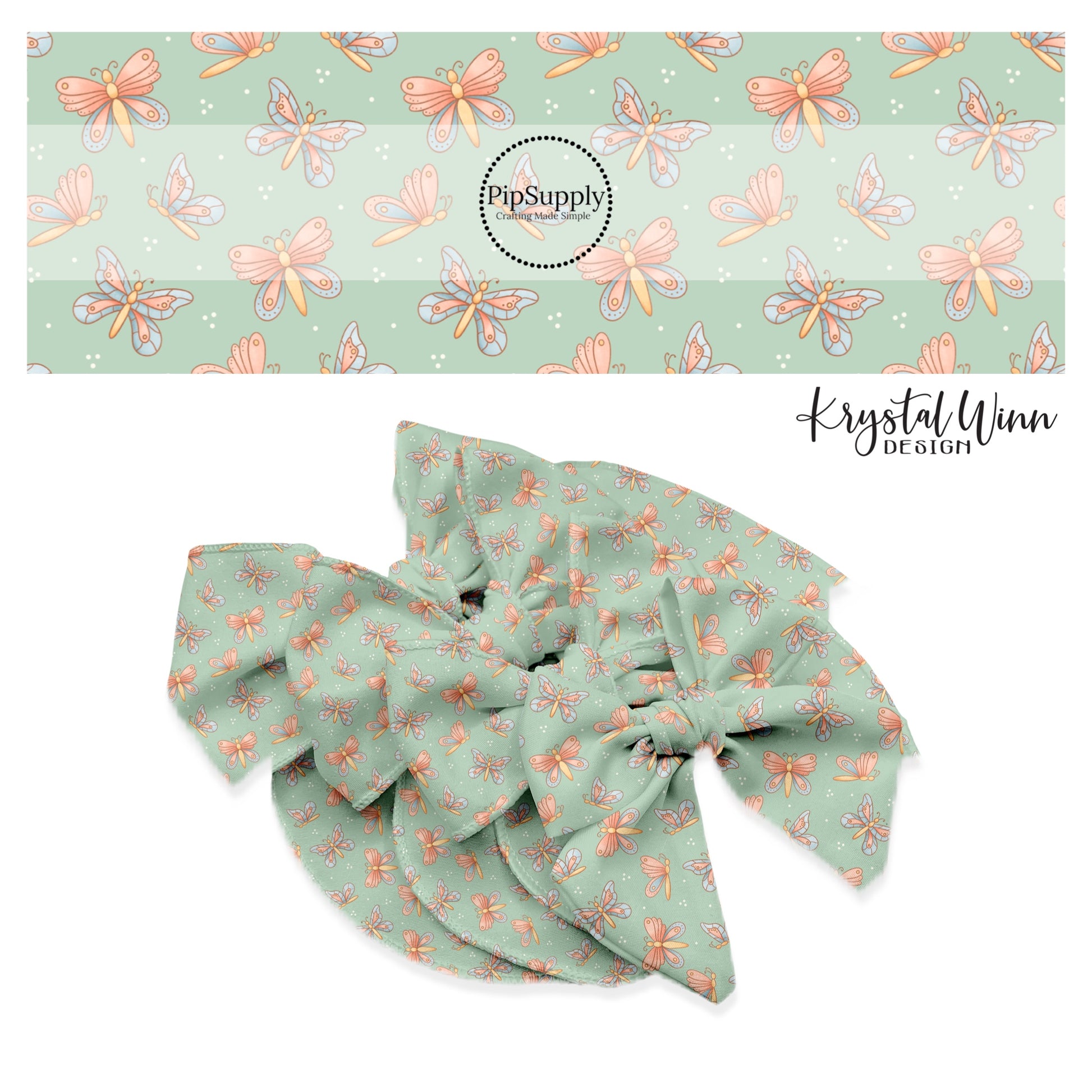 pink and blue butterflies with polka dots on seafoam bow strips