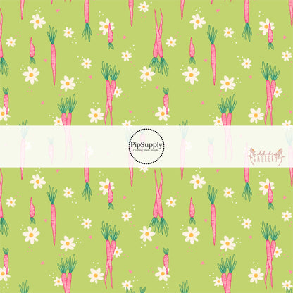 cream flowers, pink carrots, pink and white polka dots, and pink tiny triangles on lime bow strips