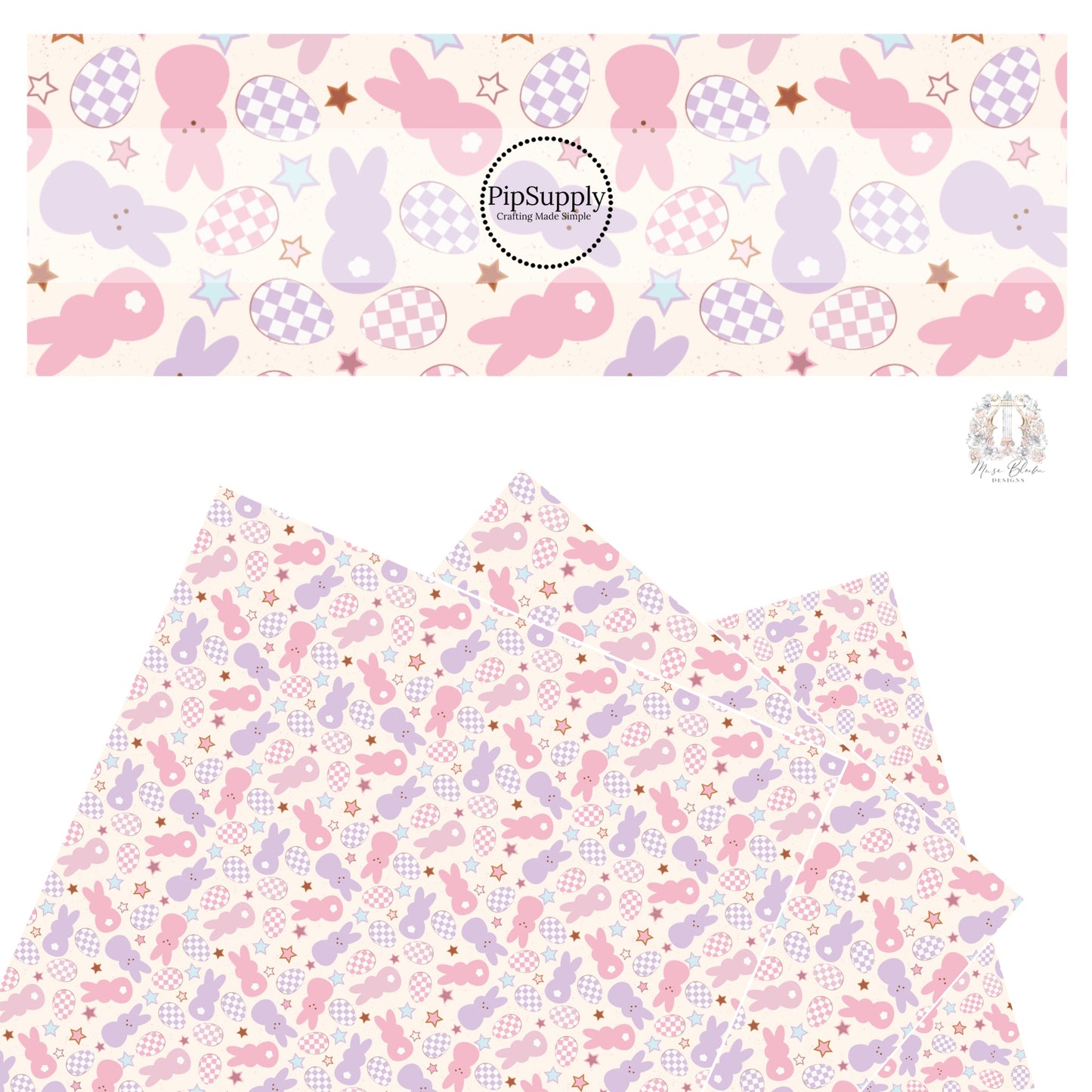 Pastel pink and purple mallow bunnies with matching checkered Easter eggs and stars on cream faux leather sheets