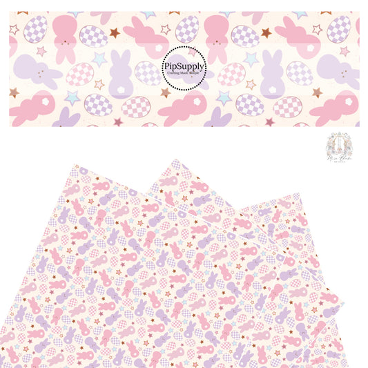 Pastel pink and purple mallow bunnies with matching checkered Easter eggs and stars on cream faux leather sheets